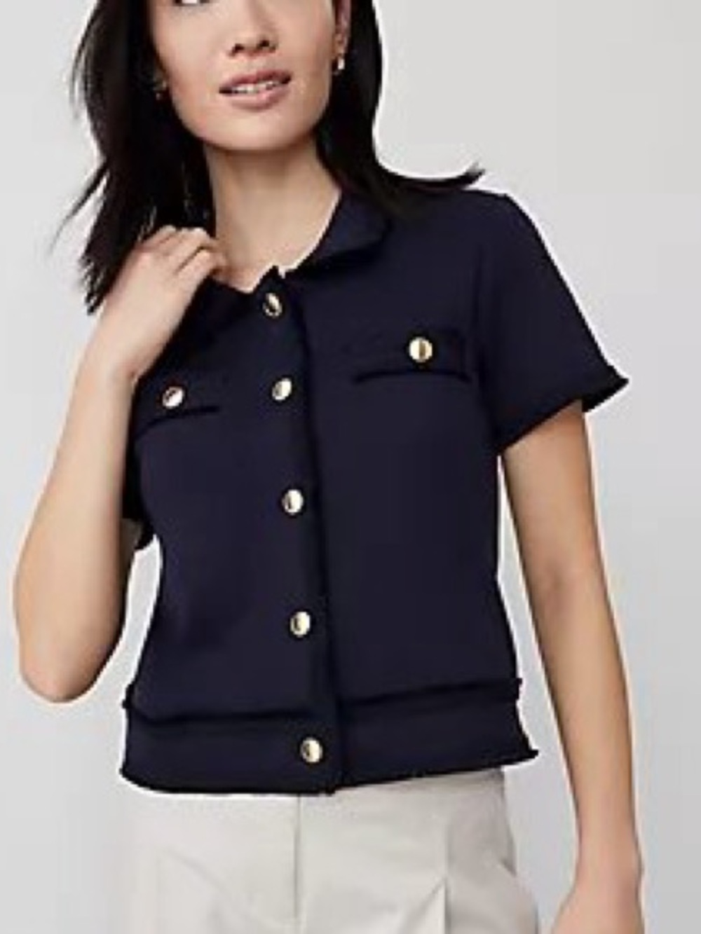 Ann Taylor Navy Short-Sleeve Button-Front Knit Top Gold Buttons Office Preppy S